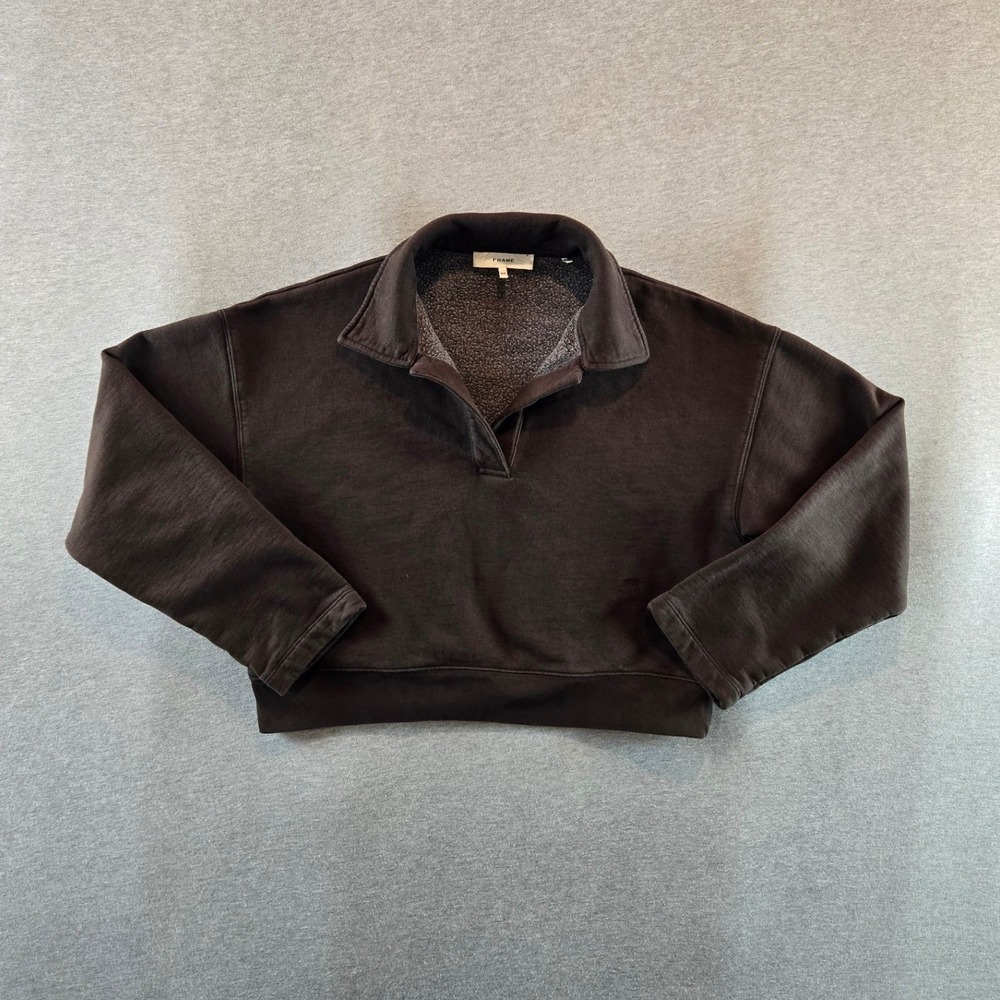 FRAME Johnny Collar Sweatshirt Womens Small Mulch Brown Fleece Cropped Preppy